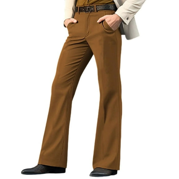 Men's Ultra Stretch Pants Comfortable Dress Pants Work Business Office Bell Bottom Flared Trousers with Pocket (M, Coffee)