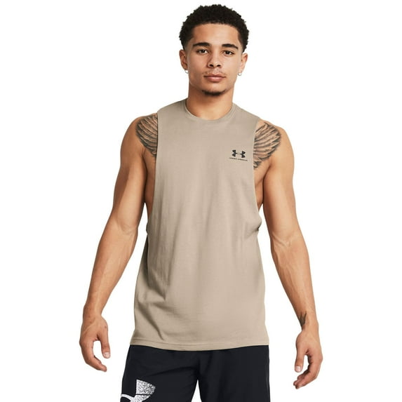 Men's Under Armour Left Chest Cut-Off Tank Top Color: Taupe Size: S