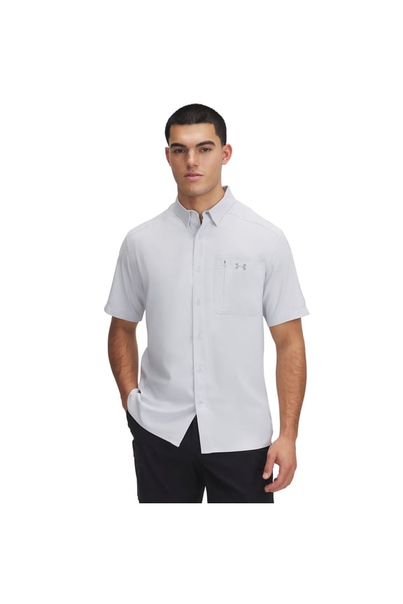 Men's Under Armour UPF 30 Drift Tide 2.0 Fitted Performance Short Sleeve Button-Down Shirt Color: Halo Gray Size: M