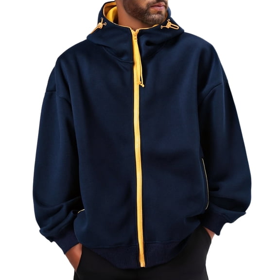 Men's Unisex Hoodie Jacket - Colorblock Casual Loose Zip-Up Sports Cardigan, Navy Blue, L
