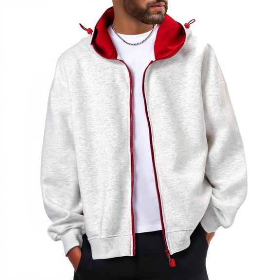 Men's Unisex Hoodie Jacket - Colorblock Casual Loose Zip-Up Sports Cardigan, White, L