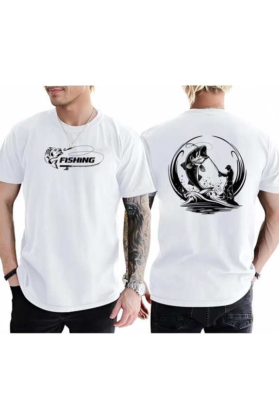 Men's/Unisex T-Shirt with Unique Fishing Design - Designed for Fishing Enthusiasts with "FISHING" Logo on the Front and a Lively Fishing Scene on the Back.