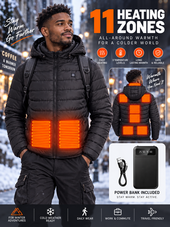 Men's Unisex Waterproof Heated Coat, Casual Plain Long Sleeve Winter Zip-Up Outerwear with Battery Pack, 11 Heating Zones, 3 Heat Levels, for Outdoor Work & Christmas Gifts