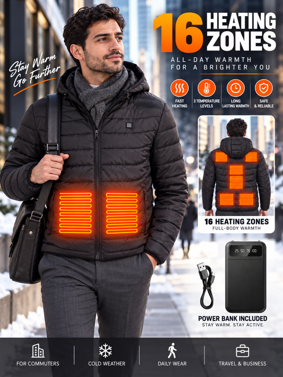 Men's Unisex Waterproof Heated Coat, Casual Plain Long Sleeve Winter Zip-Up Outerwear with Battery Pack, 16 Heating Zones, 3 Heat Levels, for Outdoor Work & Christmas Gifts