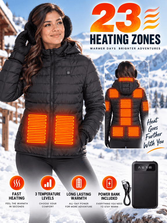 Men's Unisex Waterproof Heated Coat, Casual Plain Long Sleeve Winter Zip-Up Outerwear with Battery Pack, 23 Heating Zones, 3 Heat Levels, for Outdoor Work & Christmas Gifts