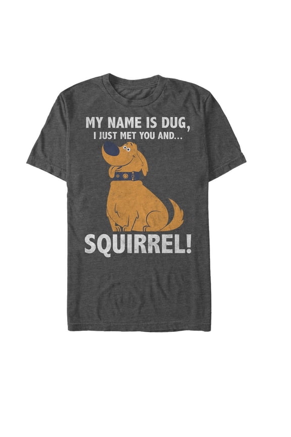 Men's Up My Name is Dug Squirrel Graphic Tee Charcoal Heather 2X Large