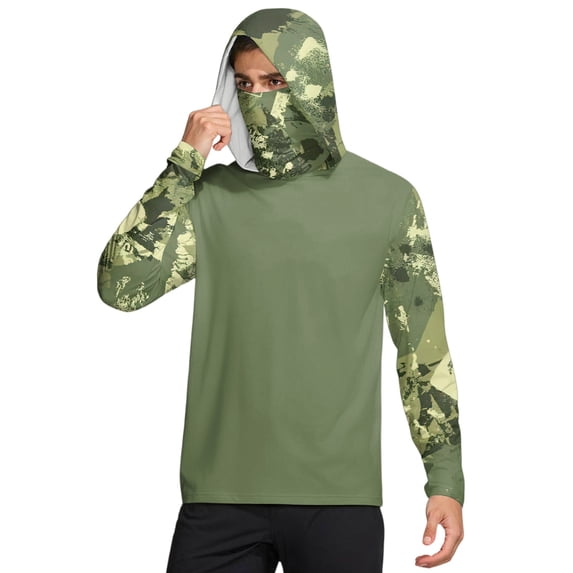 Men's Upf 50+ Fishing Hoodie Shirts UV Spf Long Sleeve Shirts with Mask CamouflageCooling Shirts Fishing Lightweight Blouses,Green M