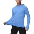 thumbnail image 1 of Men's Upf 50+ Sun Protection Fishing Shirt Hoodie Long Sleeve Solid Color Cooling Breathable Hiking Running Swimming Sports Tops for Men | AESTIVO,Light Blue L, 1 of 5