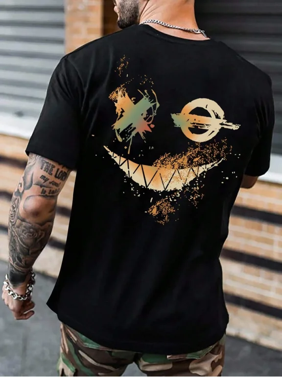 Men's Urban Streetwear Grunge Splatter Smile Graphic T-Shirt