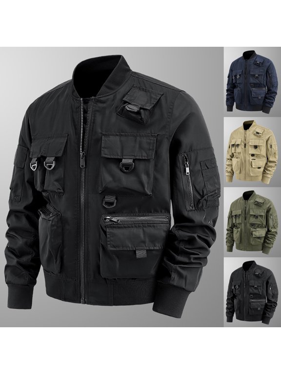 Men's Utility Bomber Jacket Multi Pocket Cargo Outerwear Fall Work Outdoor Streetwear Jackets