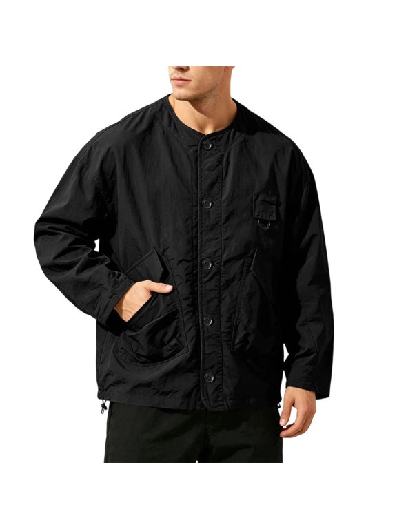 Men's Utility Button‑Front Jacket, Crew Neck, Large Cargo Pockets, Drawstring Adjustable Hem, Lightweight Shell, City‑Walking Outerwear Black XXXL