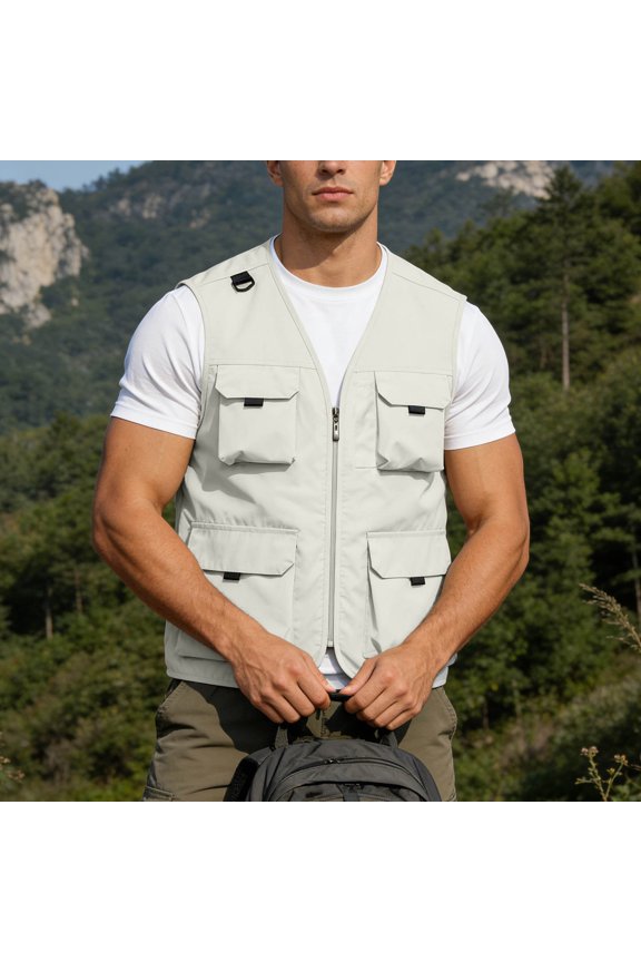 Men's Utility Fishing Vest Lightweight Outdoor Zip up Cargo Vest Jacket for Fishing Hiking Climbing (White L)