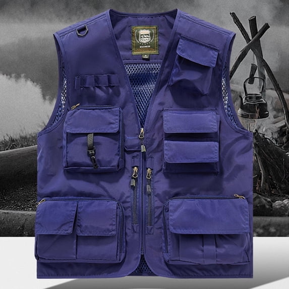 Men's Utility Fishing Vest Outdoor Summer Lightweight Work Photo Safari Cargo Vest Blue XXXXL