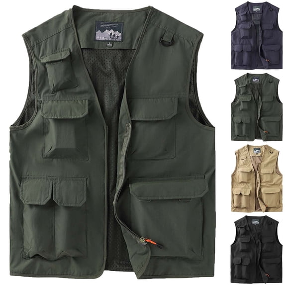 Men's Utility Outdoor Workwear Vest, Quick Dry Fabric with Multiple Pockets, Mesh Lining and Full Zip V-Neck, Breathable Sleeveless Jacket for Sports, Camping and Casual Use, Big and Tall Size M-5XL