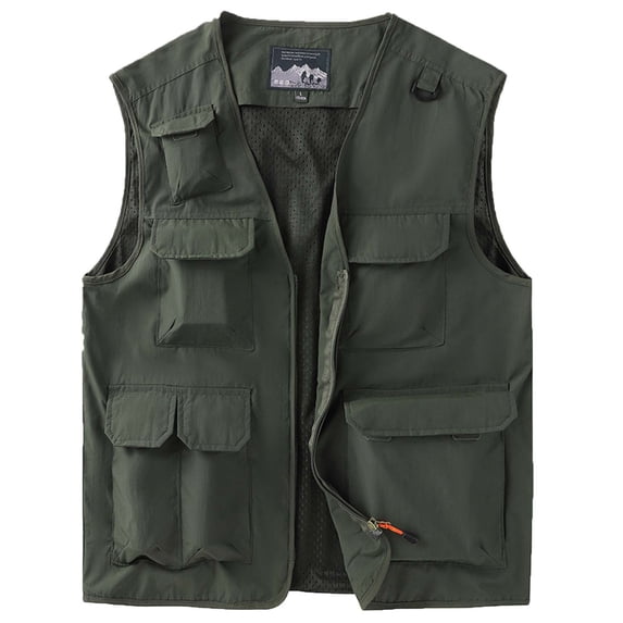 Men's Utility Outdoor Workwear Vest, Quick Dry Fabric with Multiple Pockets, Mesh Lining and Full Zip V-Neck, Breathable Sleeveless Jacket for Sports, Camping and Casual Use, Big and Tall Size M-5XL