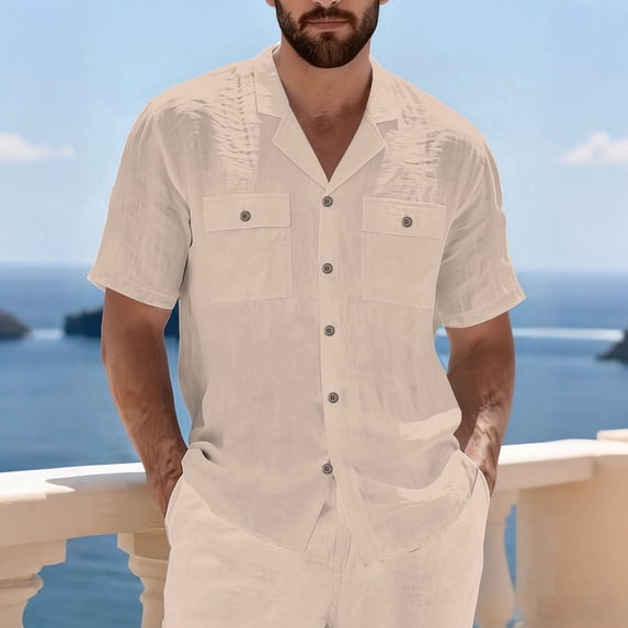 Men's Utility Short Sleeve Shirt, Solid Color Lapel Cardigan with Multiple Pockets in Cotton Linen for Travel and Outdoor Adventures Khaki L