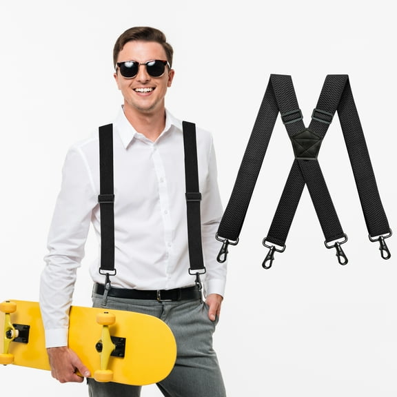 Men's Utility Suspender 1.5 Inch Black Solid Straight Clip Adjustable Suspender with 4 Swivel Hooks
