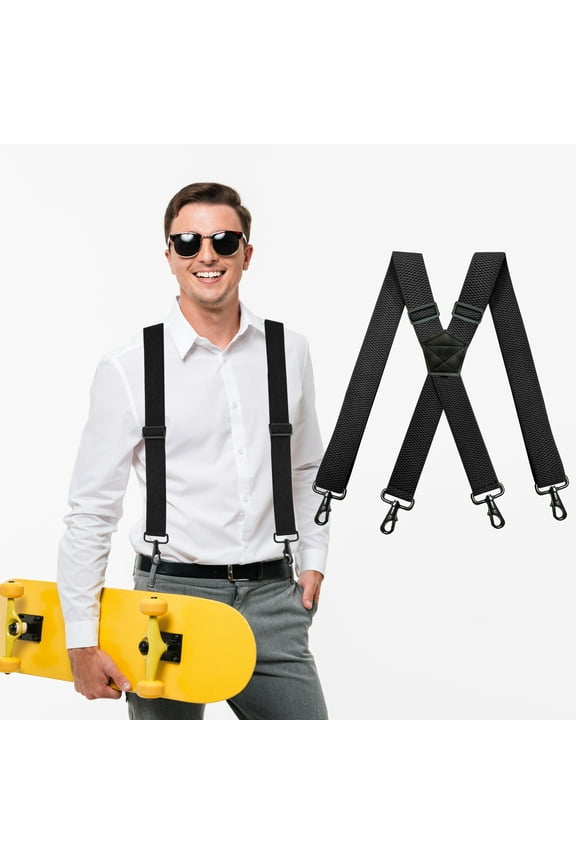Men's Utility Suspender 1.5 Inch Black Solid Straight Clip Adjustable Suspender with 4 Swivel Hooks