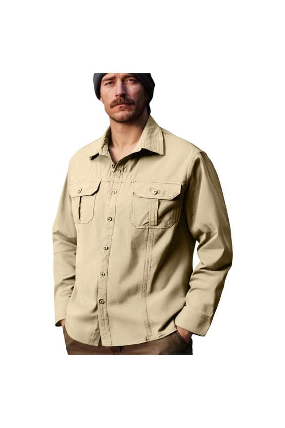Men's Utility Work Cargo Shirt - Long Sleeve Waterproof Tactical Top with Multi-Functional Pockets (Durable Nylon/Polyester for Hiking/Construction)