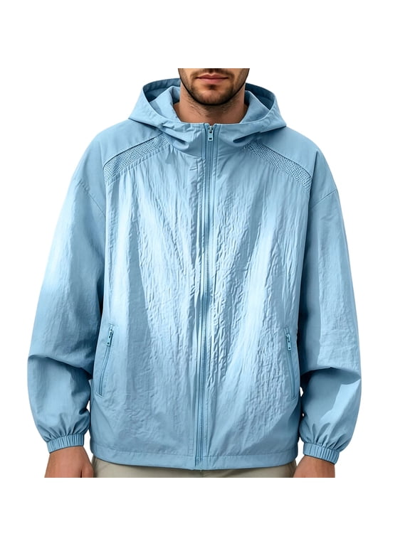 Men's Uv Protection Windbreaker Quick Dry Soft Drawstring Hooded Zip Up Outerwear Zipper Pockets Adjustable Cuffs Classic Fit Casual Plain Minimalist Coat Hiking Summer Light Blue XL
