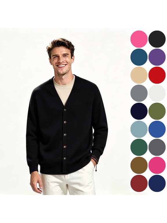 Men's V Neck Button Knit Cardigan, Long Sleeve Loose Fit Casual Sweater Outwear Tops, Men's Size S-3XL