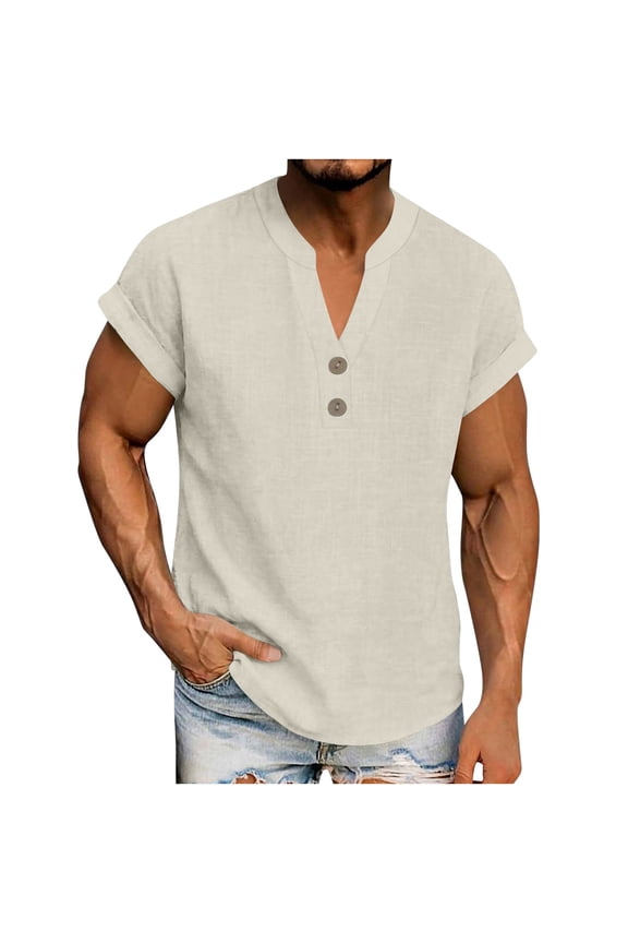 Men's V-Neck Button-Up Shirt Short Sleeve Classic Summer Top Casual Solid Color Breathable Shirt for Leisure&Office Wear,L,Beige