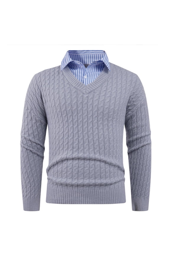 Men's V Neck Cable Knit Sweater with Faux Shirt Collar Long Sleeve Pullover Top