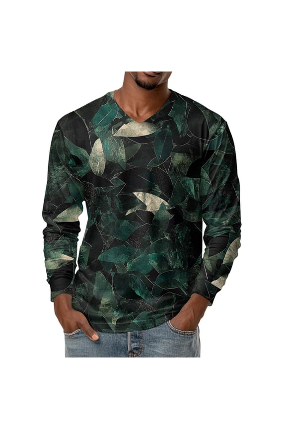 Men's V-Neck Camouflage Print Long Sleeve T-Shirt Casual Military Style Fashion Top Loose Fit Comfortable Outdoor Shirt,Black,L