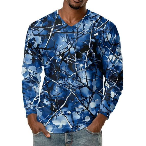 Men's V-Neck Camouflage Print Long Sleeve T-Shirt Casual Military Style Fashion Top Loose Fit Comfortable Outdoor Shirt,Blue,S