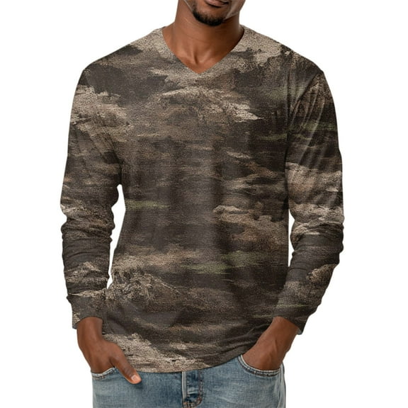 Men's V-Neck Camouflage Print Long Sleeve T-Shirt Casual Military Style Fashion Top Loose Fit Comfortable Outdoor Shirt,Dark Green,M