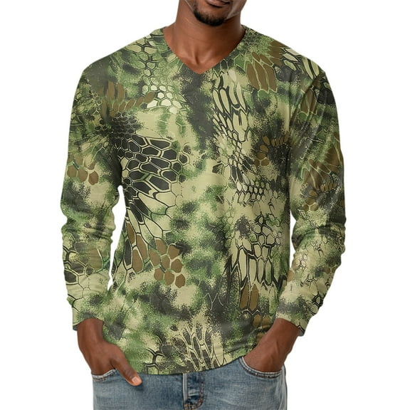 Men's V-Neck Camouflage Print Long Sleeve T-Shirt Casual Military Style Fashion Top Loose Fit Comfortable Outdoor Shirt,Green,5XL