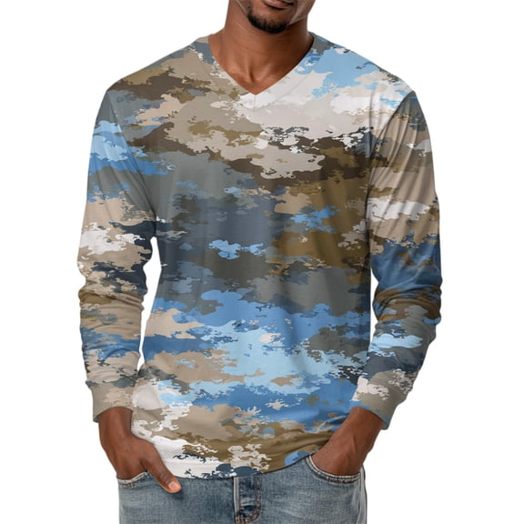 Men's V-Neck Camouflage Print Long Sleeve T-Shirt Casual Military Style Fashion Top Loose Fit Comfortable Outdoor Shirt,Sky Blue,S