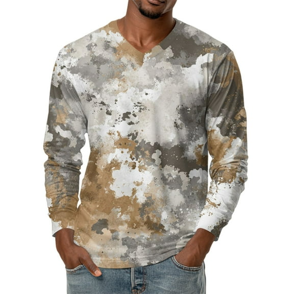Men's V-Neck Camouflage Print Long Sleeve T-Shirt Casual Military Style Fashion Top Loose Fit Comfortable Outdoor Shirt,White,2XL