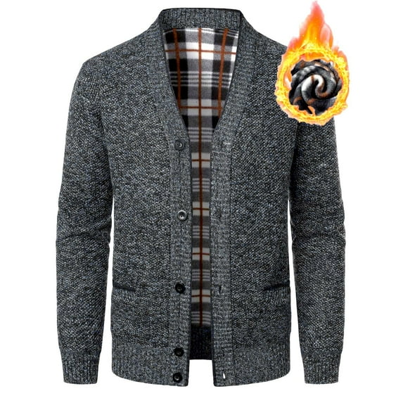 Men's V-Neck Cardigan - Dark Gray Button Front Sweater with Pockets, Casual Long Sleeve Cardigan for Men, M