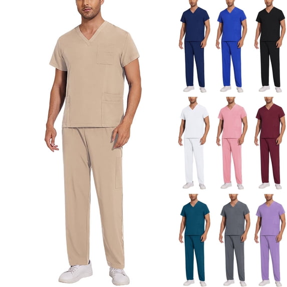 Men's V-Neck Cargo Scrubs 120D 4 Way Stretch Matching Top and Cargo Pants Set 7 Pockets Elastic Drawcord Waistband in Healthcare Beige M