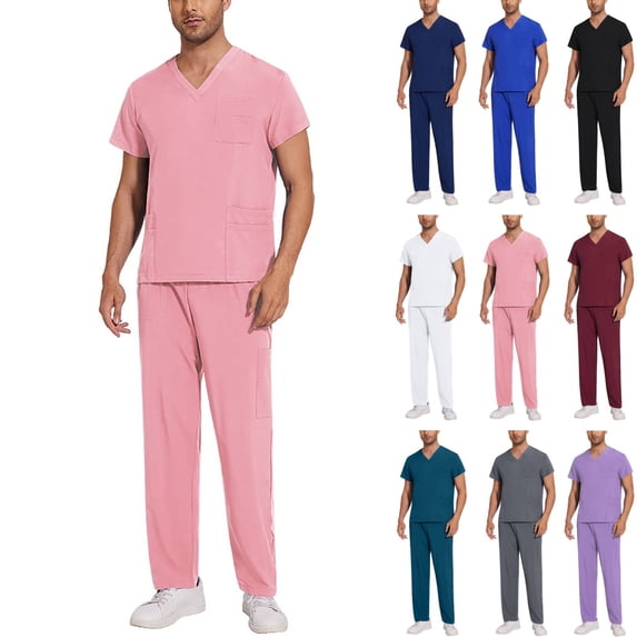 Men's V-Neck Cargo Scrubs 120D 4 Way Stretch Matching Top and Cargo Pants Set 7 Pockets Elastic Drawcord Waistband in Healthcare Pink 2XL