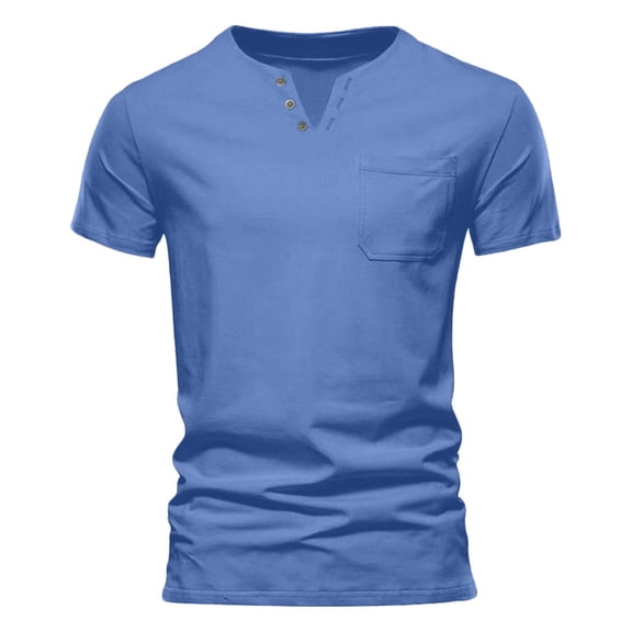 Men's V-Neck Casual T-Shirt Sports Solid Color Pocket Half-Sleeved Pullover Top