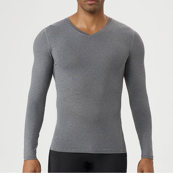 Men's V Neck Compression Shirt Long Sleeve, Athletic Workout Shirts & Gym Undershirts, Active Sports Base Layer Top for Running, Fitness, Muscle Recovery & Cold Weather Grey L
