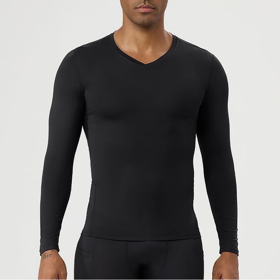 Men's V Neck Compression Shirt Long Sleeve, Athletic Workout Shirts & Gym Undershirts, Active Sports Base Layer Top for Running, Fitness, Muscle Recovery & Cold Weather Black L