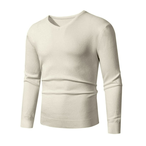 Men's V-Neck Knit Shirt Long Sleeve Solid Color Slim Fit Sweatshirt Fashion Fall Casual Pullover Top for Men (Beige XL)