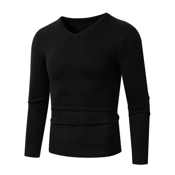 Men's V-Neck Knit Shirt Long Sleeve Solid Color Slim Fit Sweatshirt Fashion Fall Casual Pullover Top for Men (Black XL)