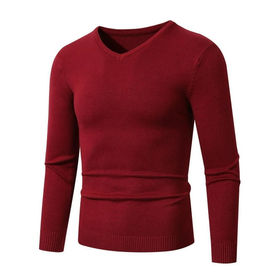 Men's V-Neck Knit Shirt Long Sleeve Solid Color Slim Fit Sweatshirt Fashion Fall Casual Pullover Top for Men (Wine 3XL)