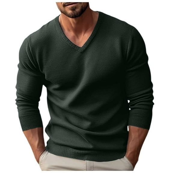 Men's V-Neck Knit Sweater Casual Long Sleeve Slim Fit Sweaters Comfortable Thermal Pullover Shirts, Army Green, M
