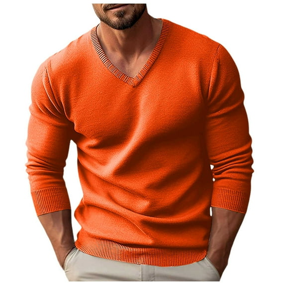 Men's V-Neck Knit Sweater Casual Long Sleeve Slim Fit Sweaters Comfortable Thermal Pullover Shirts, Orange, L