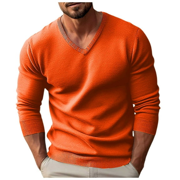 Men's V-Neck Knit Sweater Casual Long Sleeve Slim Fit Sweaters Comfortable Thermal Pullover Shirts, Orange, XL