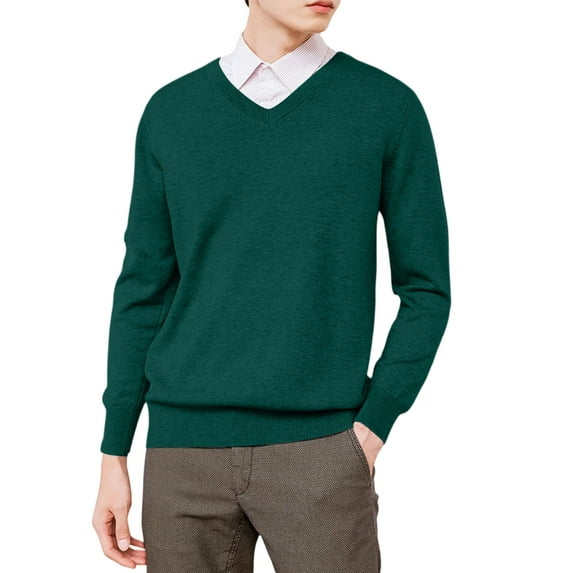 Men's V-Neck Knit Sweater Long Sleeve Solid Color Classic Fit Casual Pullover