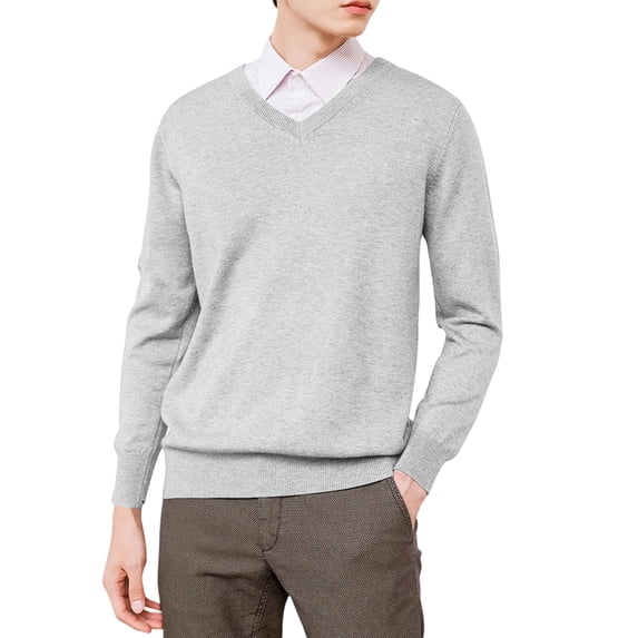 Men's V-Neck Knit Sweater Long Sleeve Solid Color Classic Fit Casual Pullover