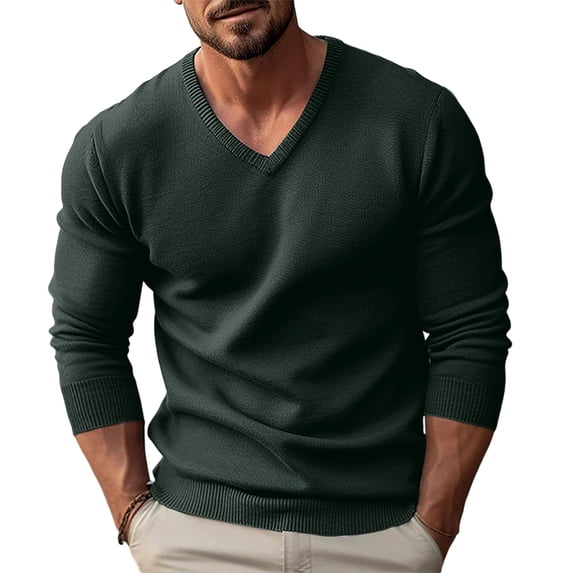 Men's V-Neck Knit Sweater Long Sleeve Solid Color Slim Fit Casual Pullover