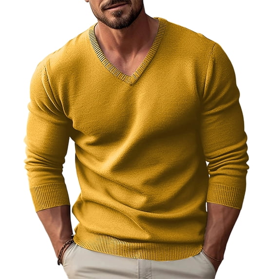 Men's V-Neck Knit Sweater Long Sleeve Solid Color Slim Fit Casual Pullover