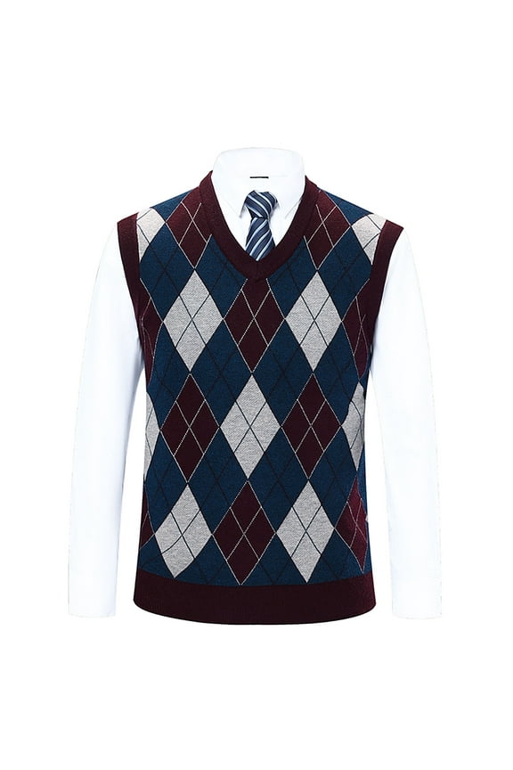 Men's V-Neck Knit Vest Winter Sleeveless Plaid Casual Sweater Loose Lightweight Pullover Knitted Jumper Tops (Dark Blue M)